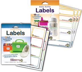 Whoozems brand Self-Laminating Baby Bottle and Multipurpose Labels.